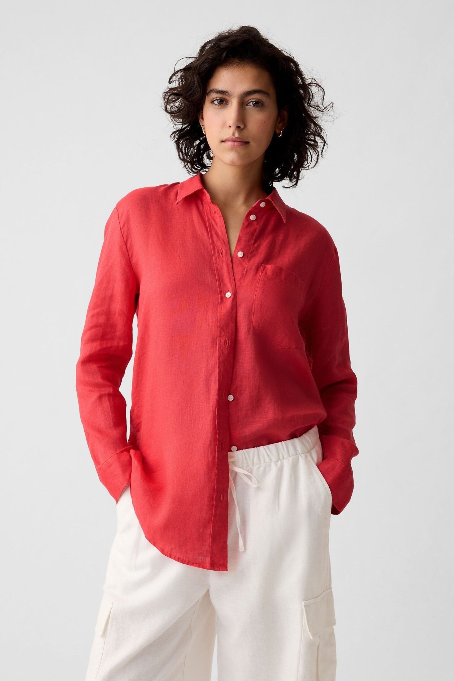 Gap Red 100% Linen Long Sleeve Oversized Shirt - Image 1 of 4