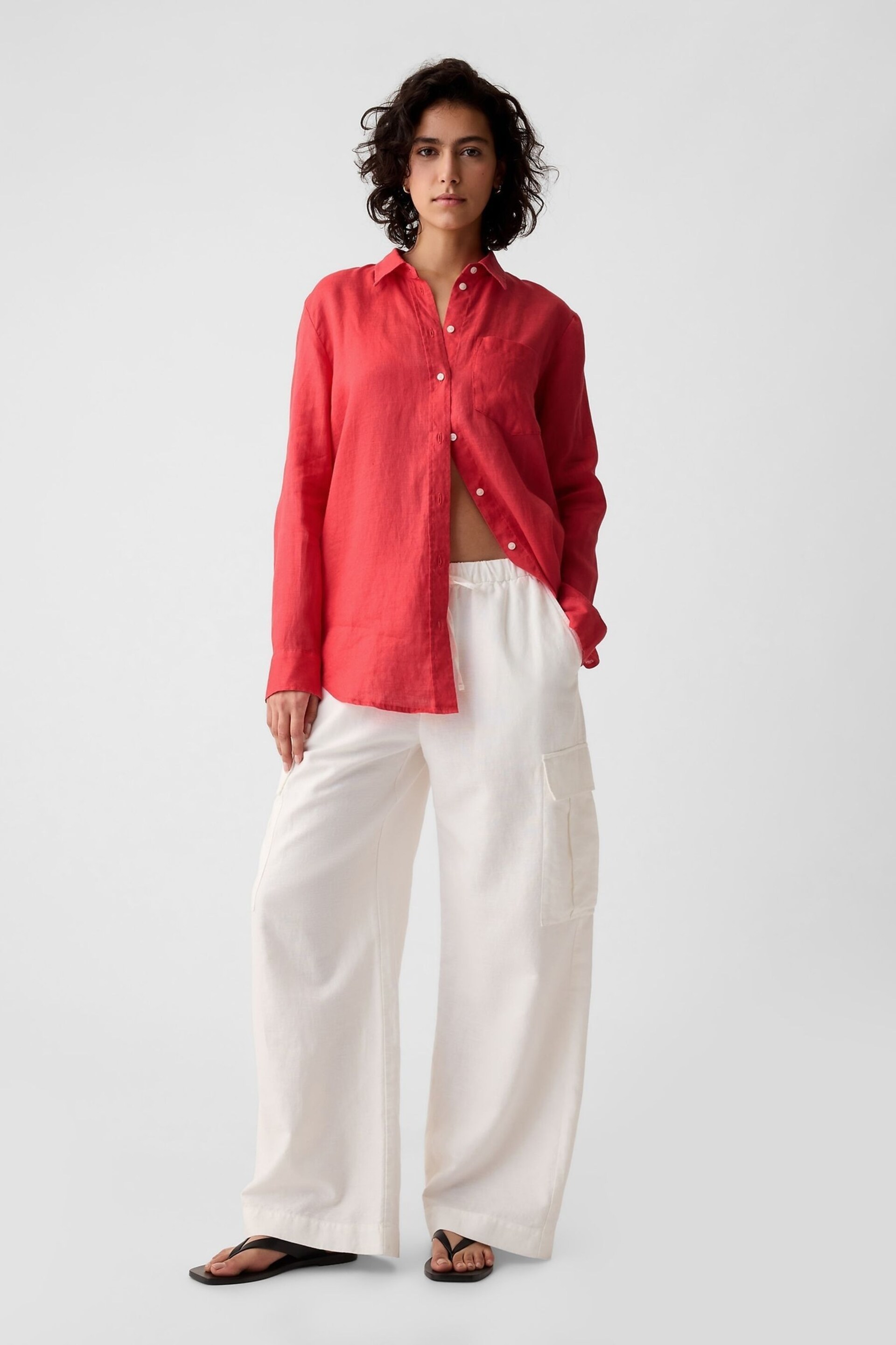 Gap Red 100% Linen Long Sleeve Oversized Shirt - Image 3 of 4