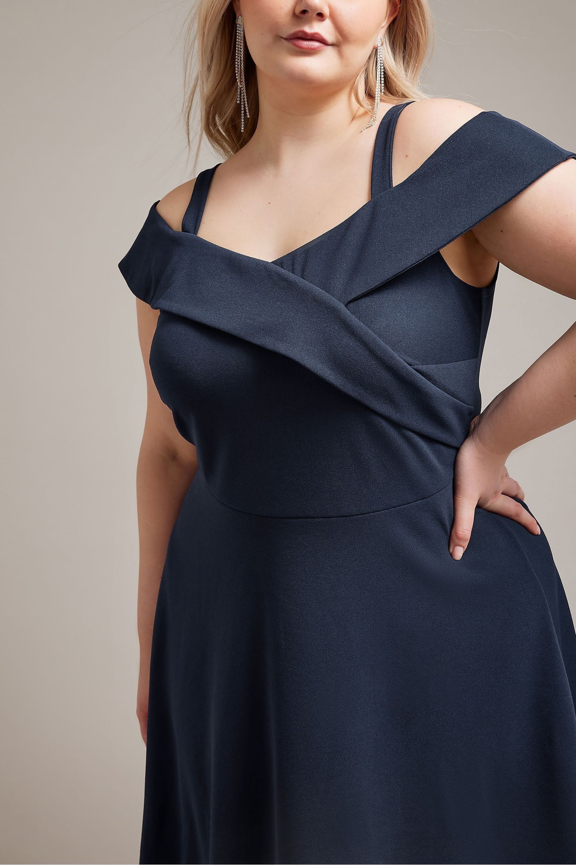 YOURS LONDON Curve Navy Blue Black Bardot Dipped Hem Dress - Image 2 of 5