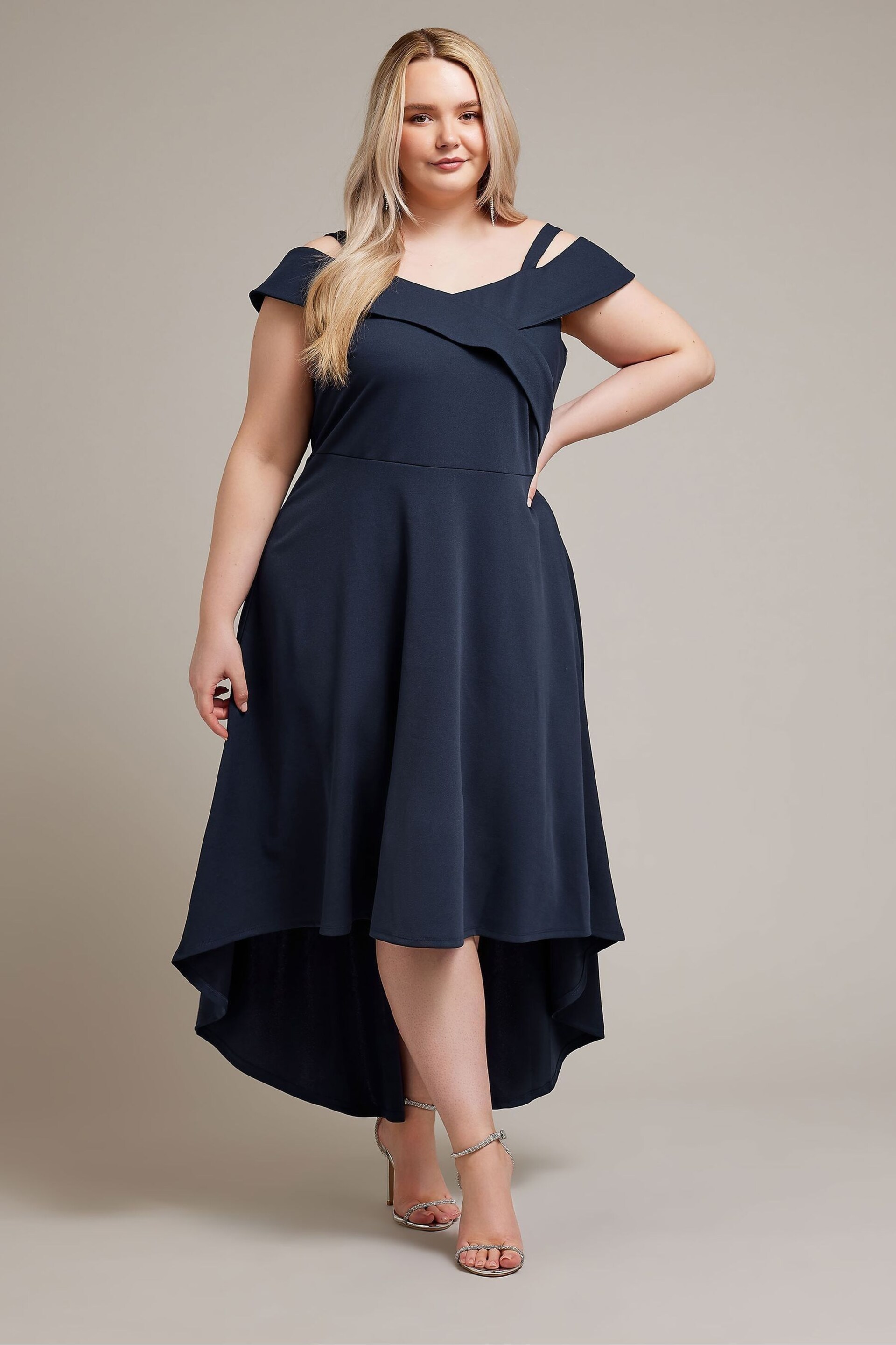 YOURS LONDON Curve Navy Blue Black Bardot Dipped Hem Dress - Image 4 of 5