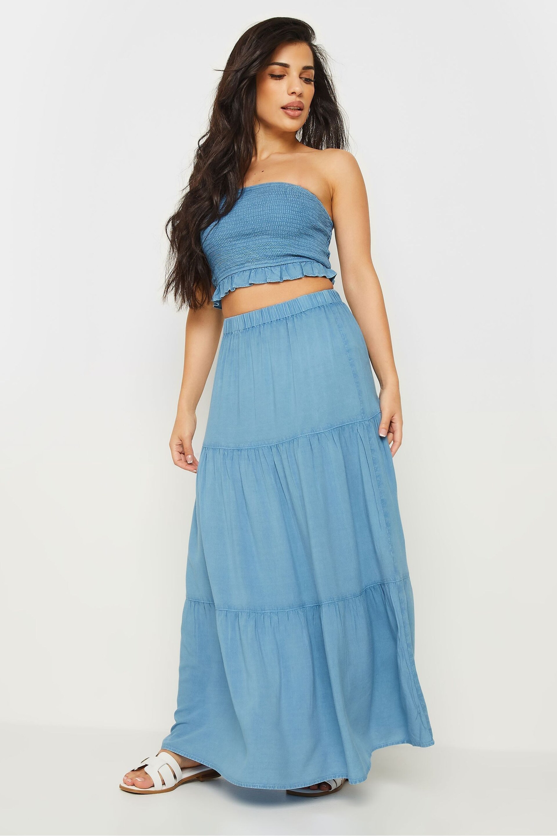 PixieGirl Petite Blue Chambray Tiered Maxi Skirt - Image 1 of 4