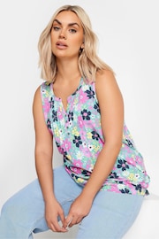 Yours Curve Blue Yellow Floral Print Pintuck Henley Vest Top - Image 1 of 5