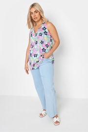 Yours Curve Blue Yellow Floral Print Pintuck Henley Vest Top - Image 2 of 5