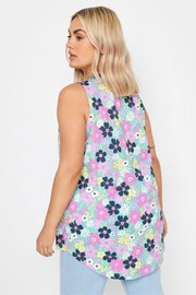 Yours Curve Blue Yellow Floral Print Pintuck Henley Vest Top - Image 3 of 5