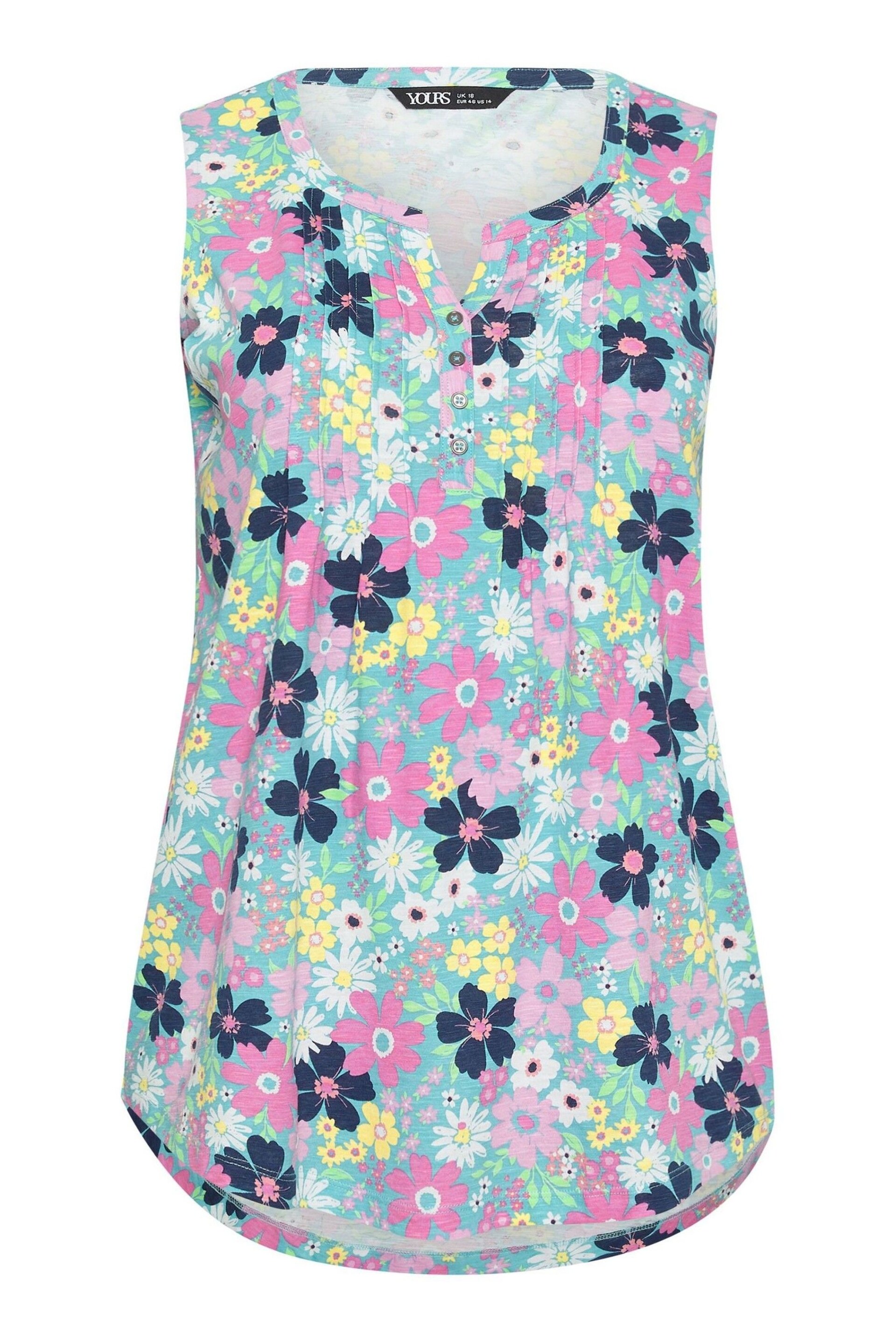 Yours Curve Blue Yellow Floral Print Pintuck Henley Vest Top - Image 5 of 5