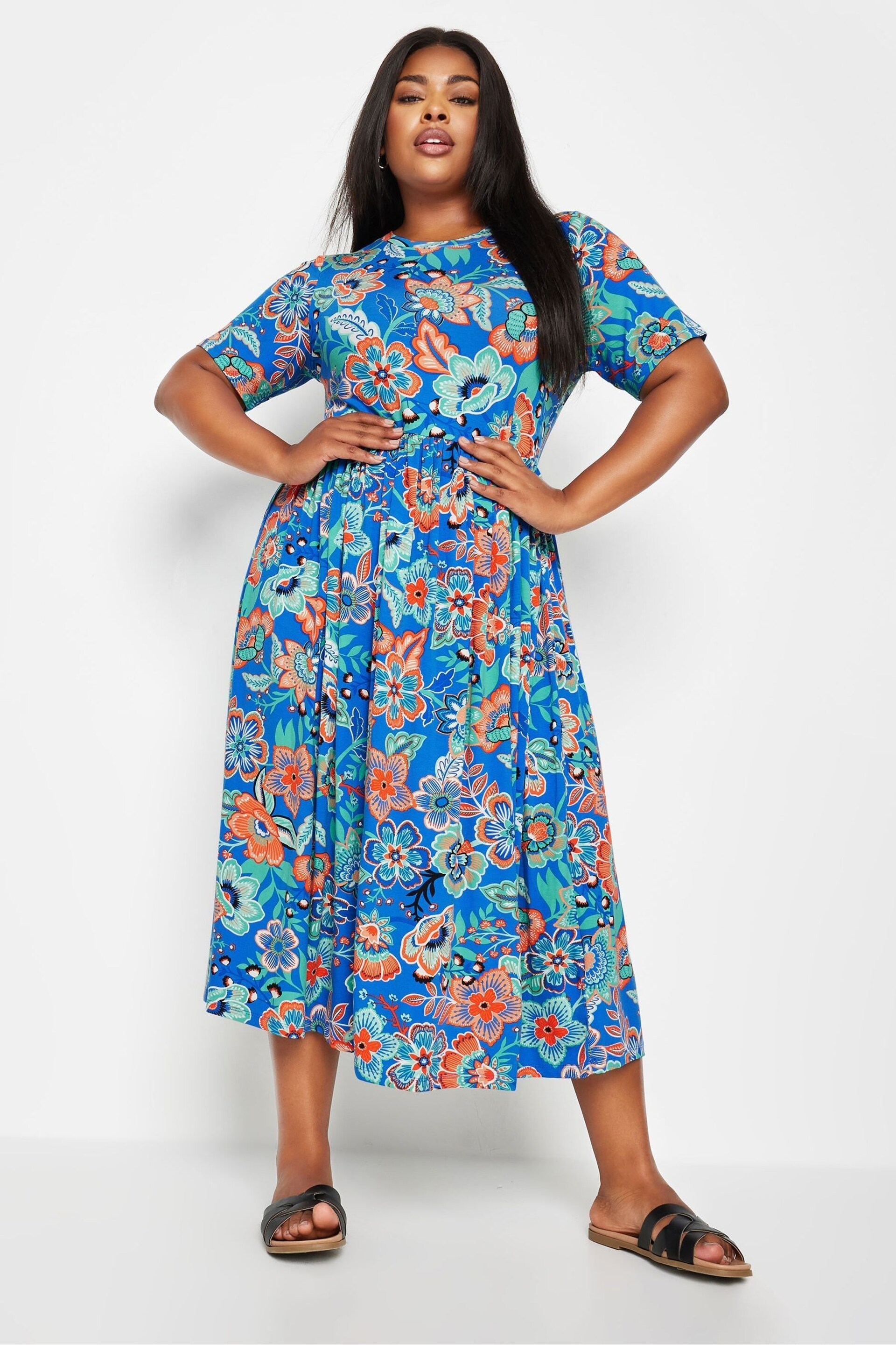 Yours Curve Blue Floral Print Midi Smock Dress - Image 2 of 5