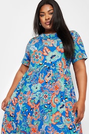 Yours Curve Blue Floral Print Midi Smock Dress - Image 4 of 5