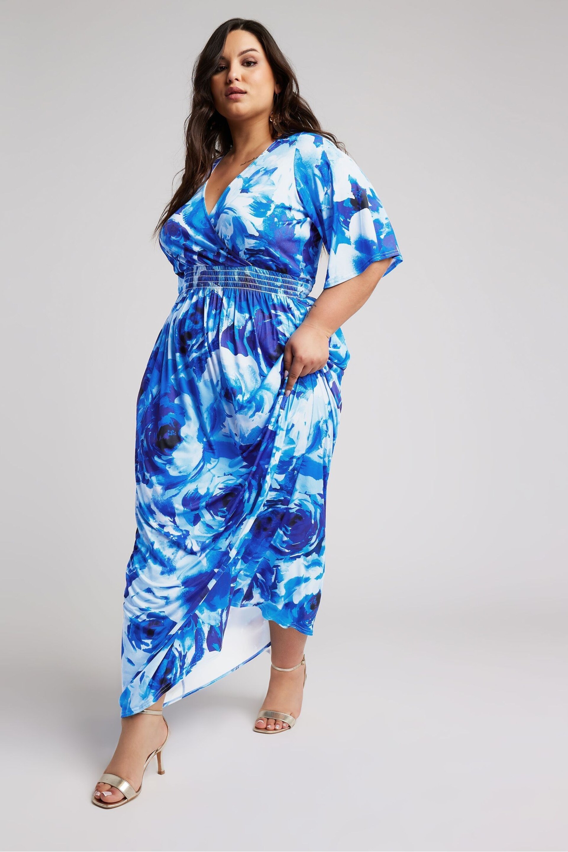 Yours Curve Blue London Floral Angel Sleeve Maxi Dress - Image 1 of 5
