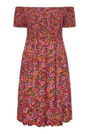 Yours Curve Pink & Orange Pink & Orange Shirred Bardot Midi Dress - Image 5 of 5