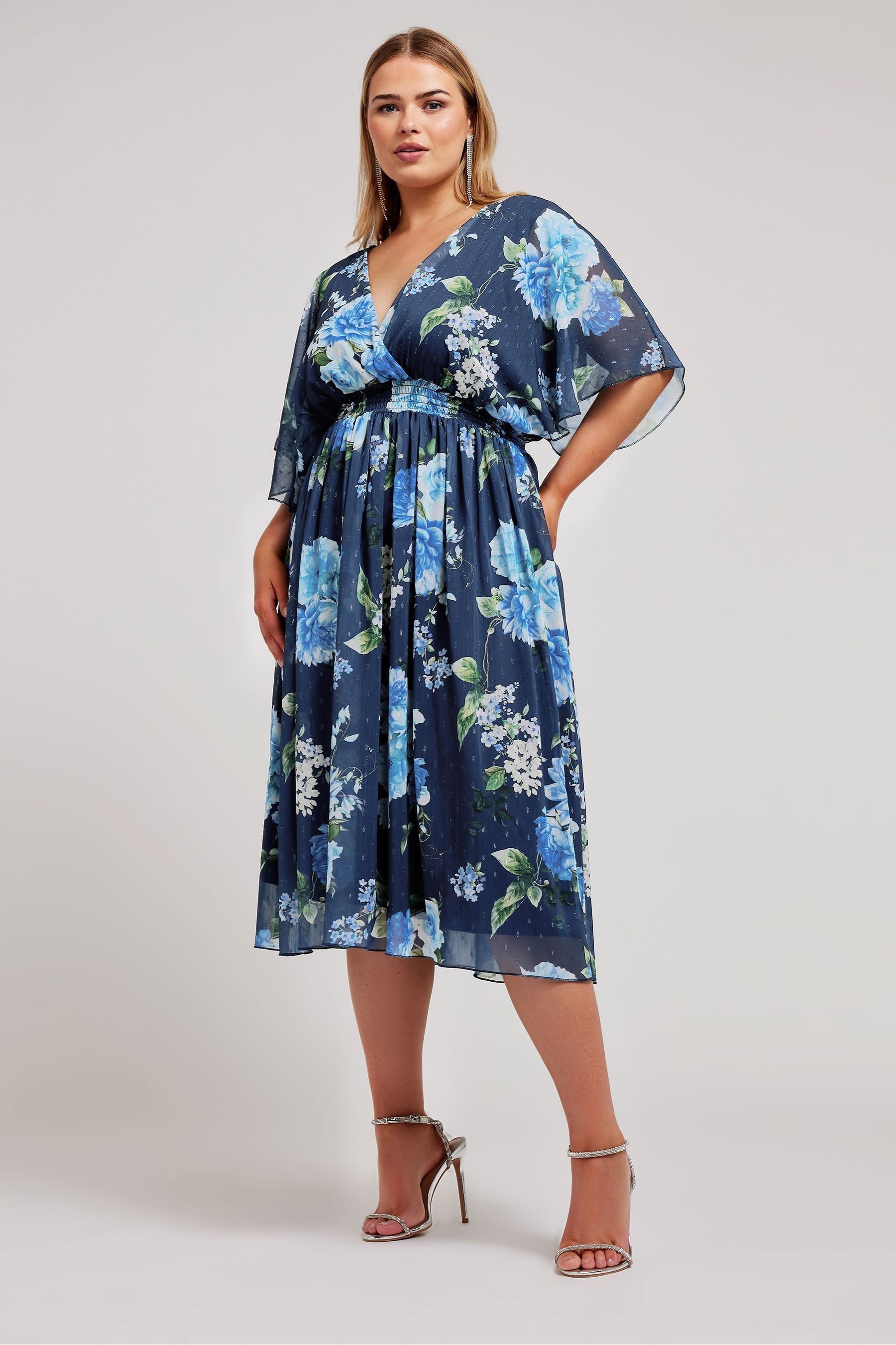 Buy Yours Curve Blue Metallic Shirred Waist Wrap Dress from Next Australia