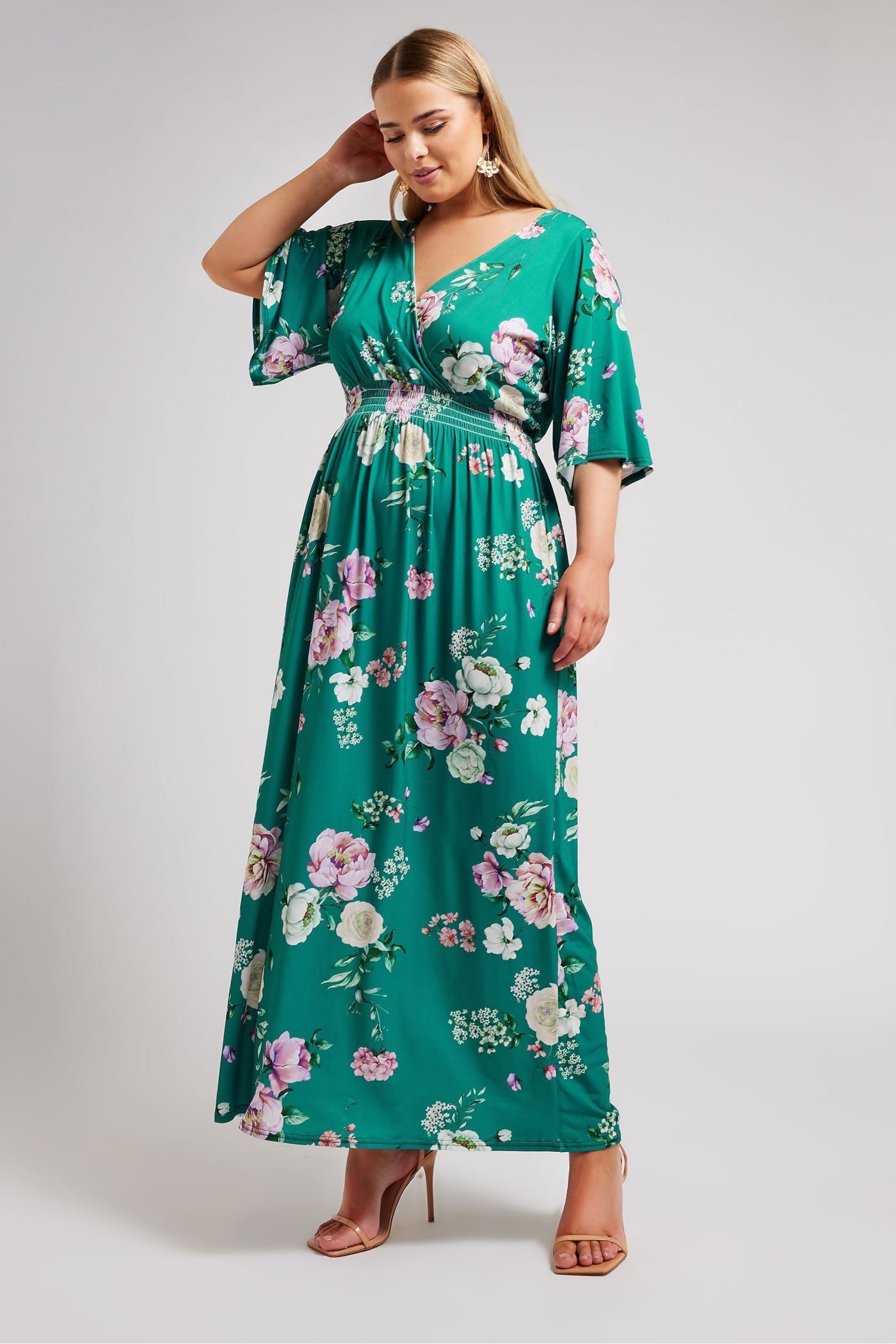 Yours Curve Green London Floral Angel Sleeve Maxi Dress - Image 1 of 4