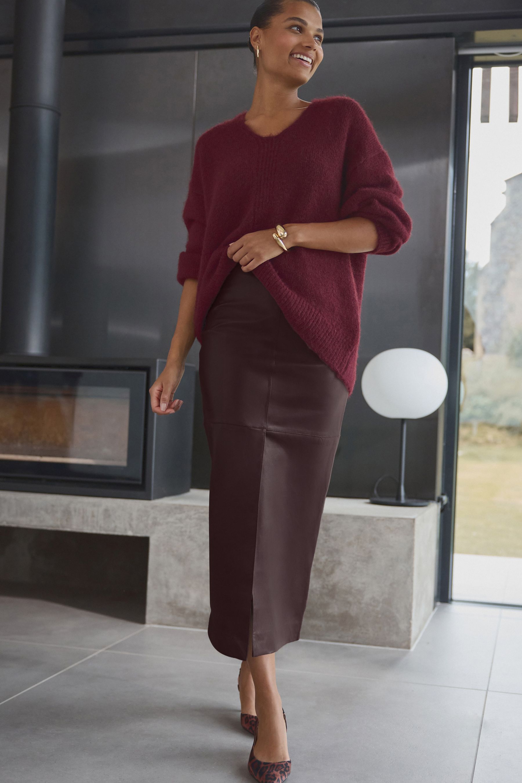 Berry Red Premium Genuine Leather Midi Skirt