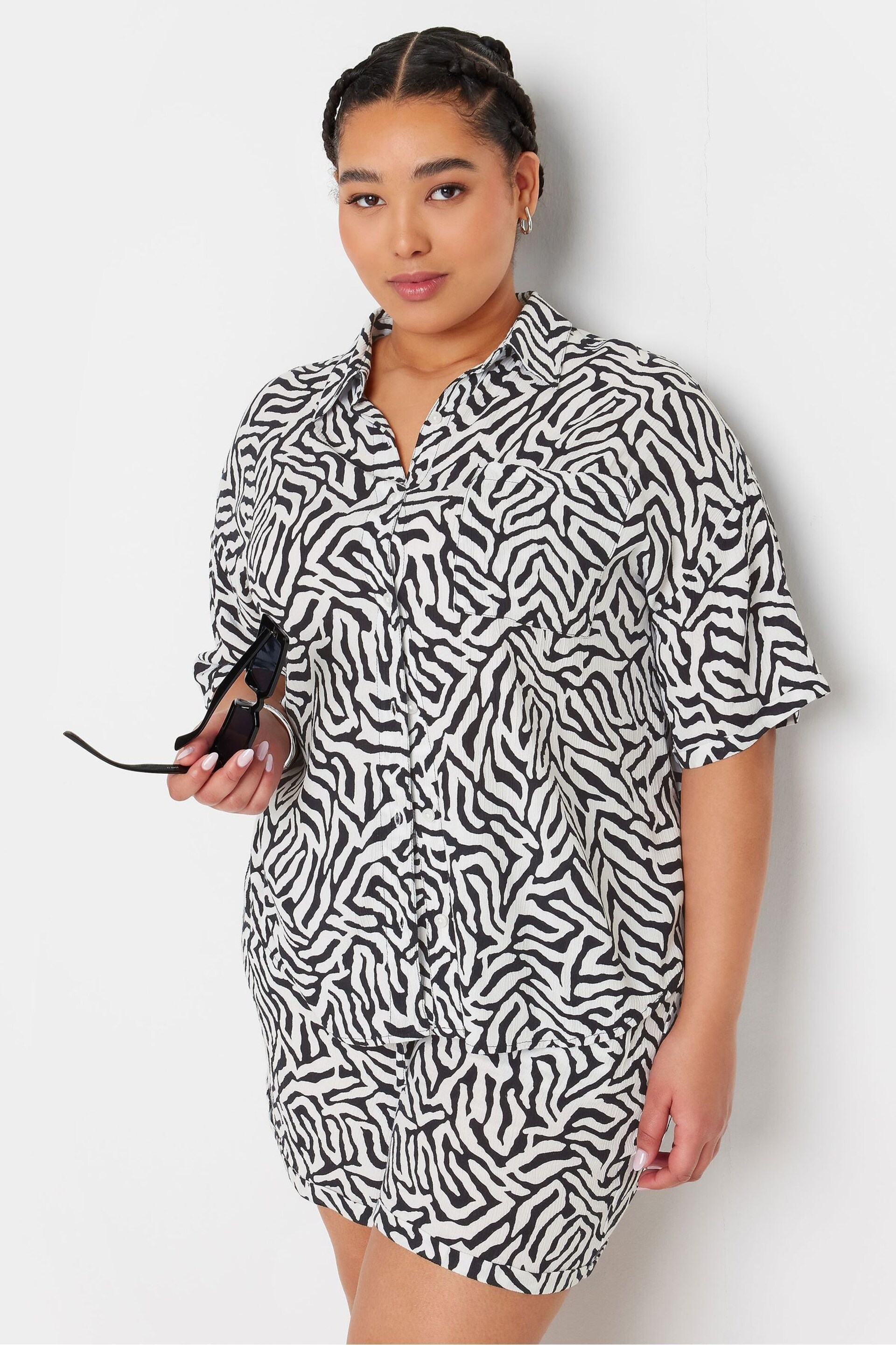 Yours Curve Black LIMITED COLLECTION Zebra Print Crinkle Shirt - Image 1 of 5