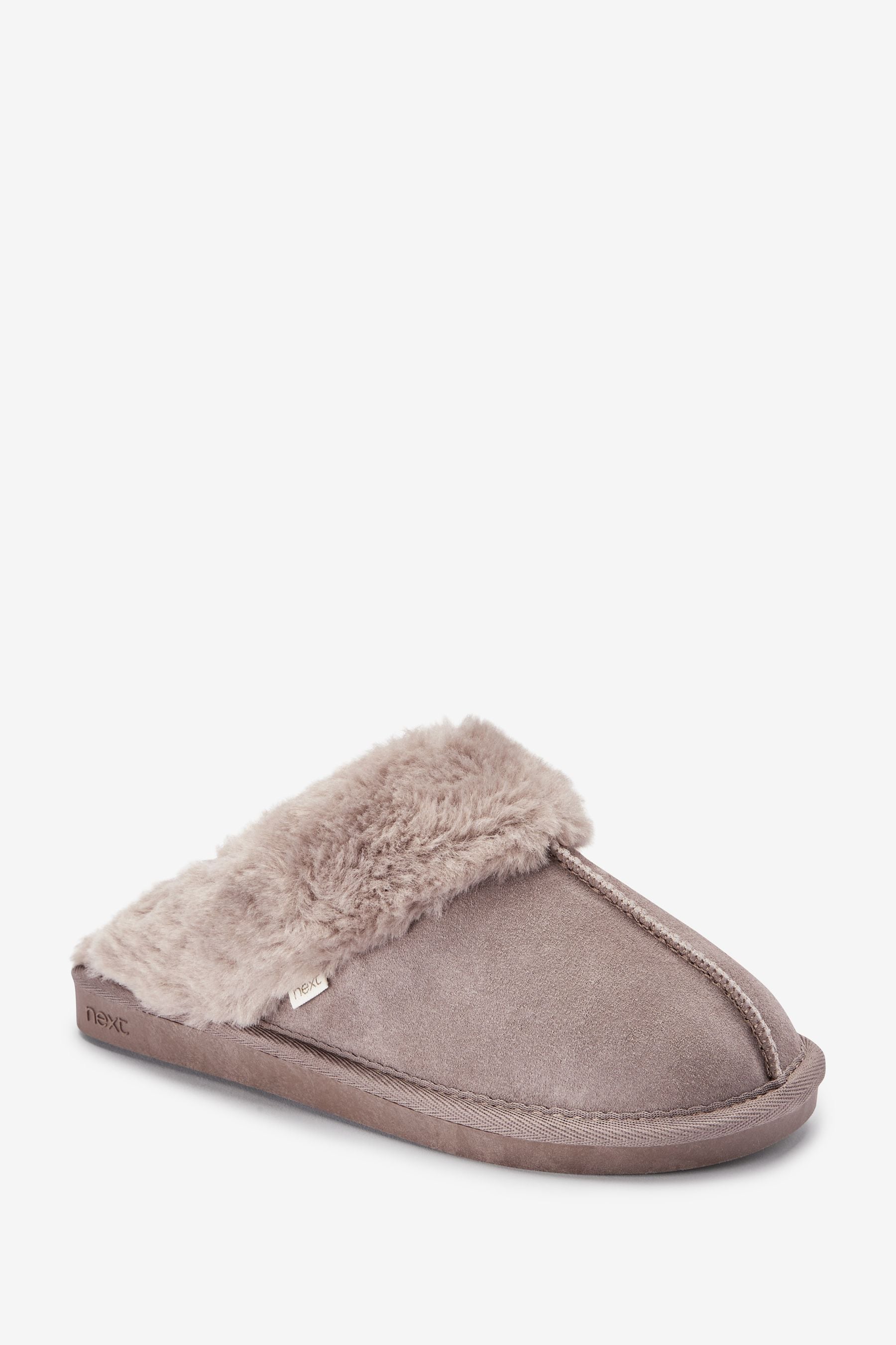 Beige Suede Faux Fur Lined Mule Slippers