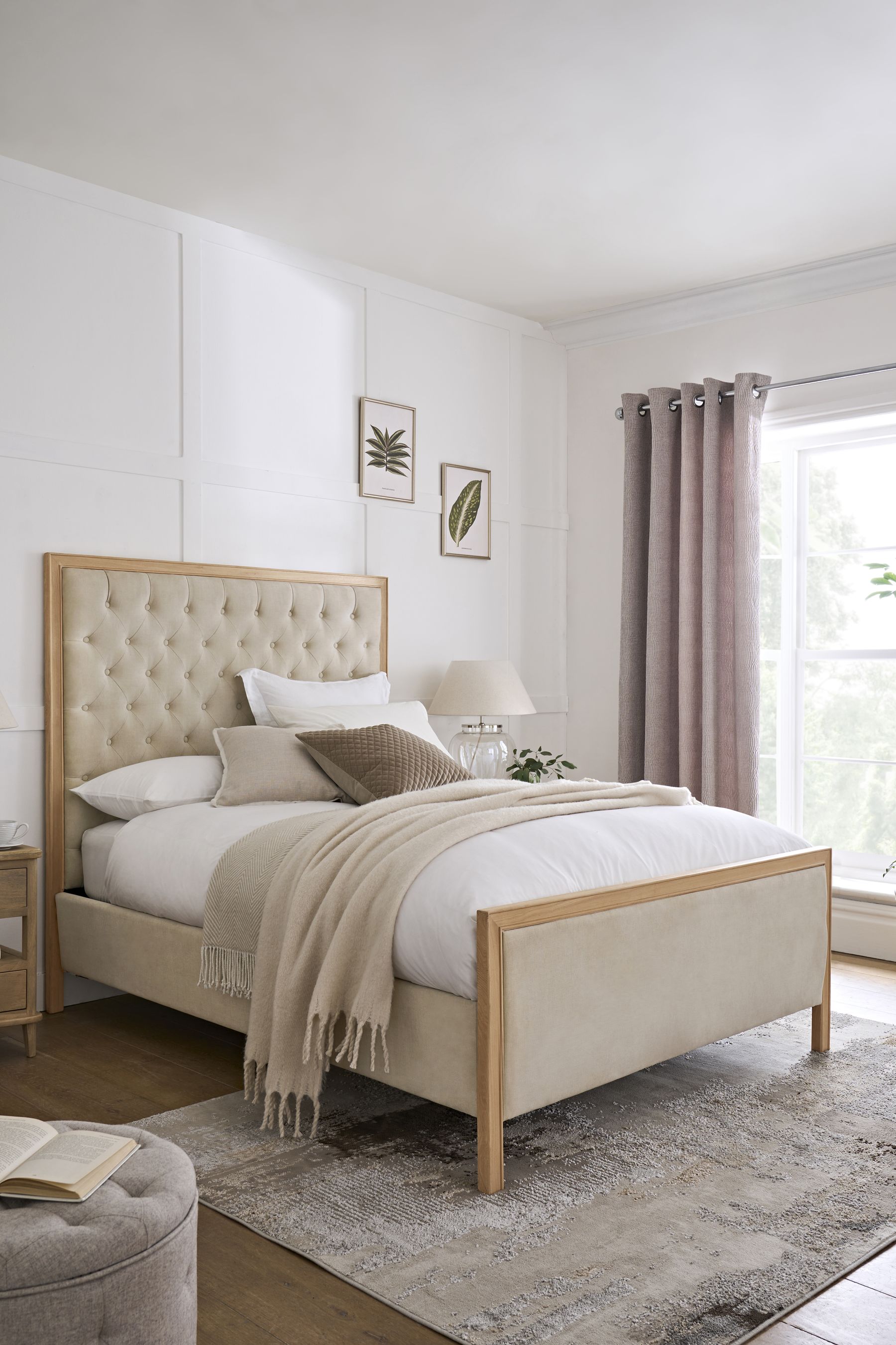 Upholstered bed shop with wood