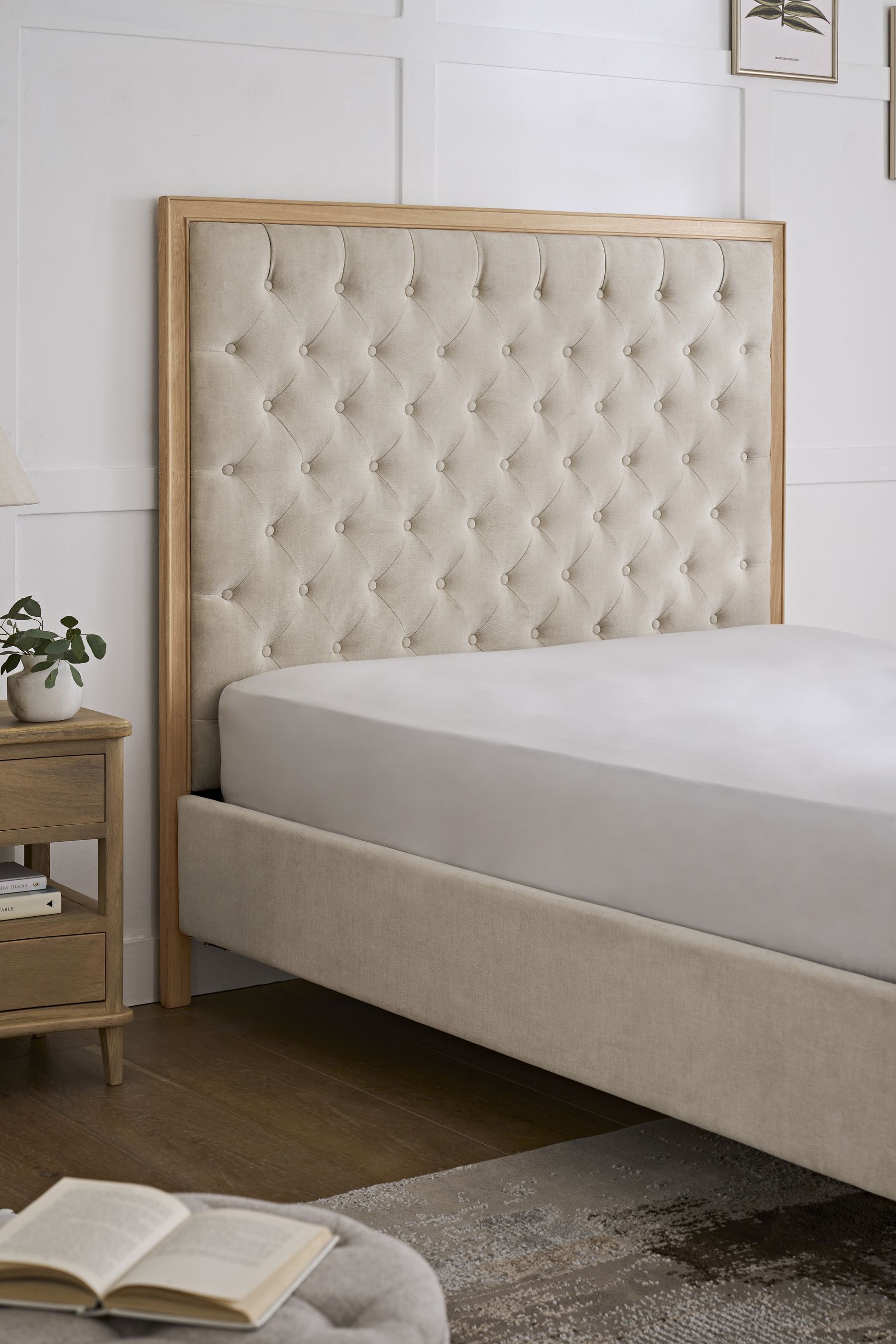 Tan upholstered outlet bed frame