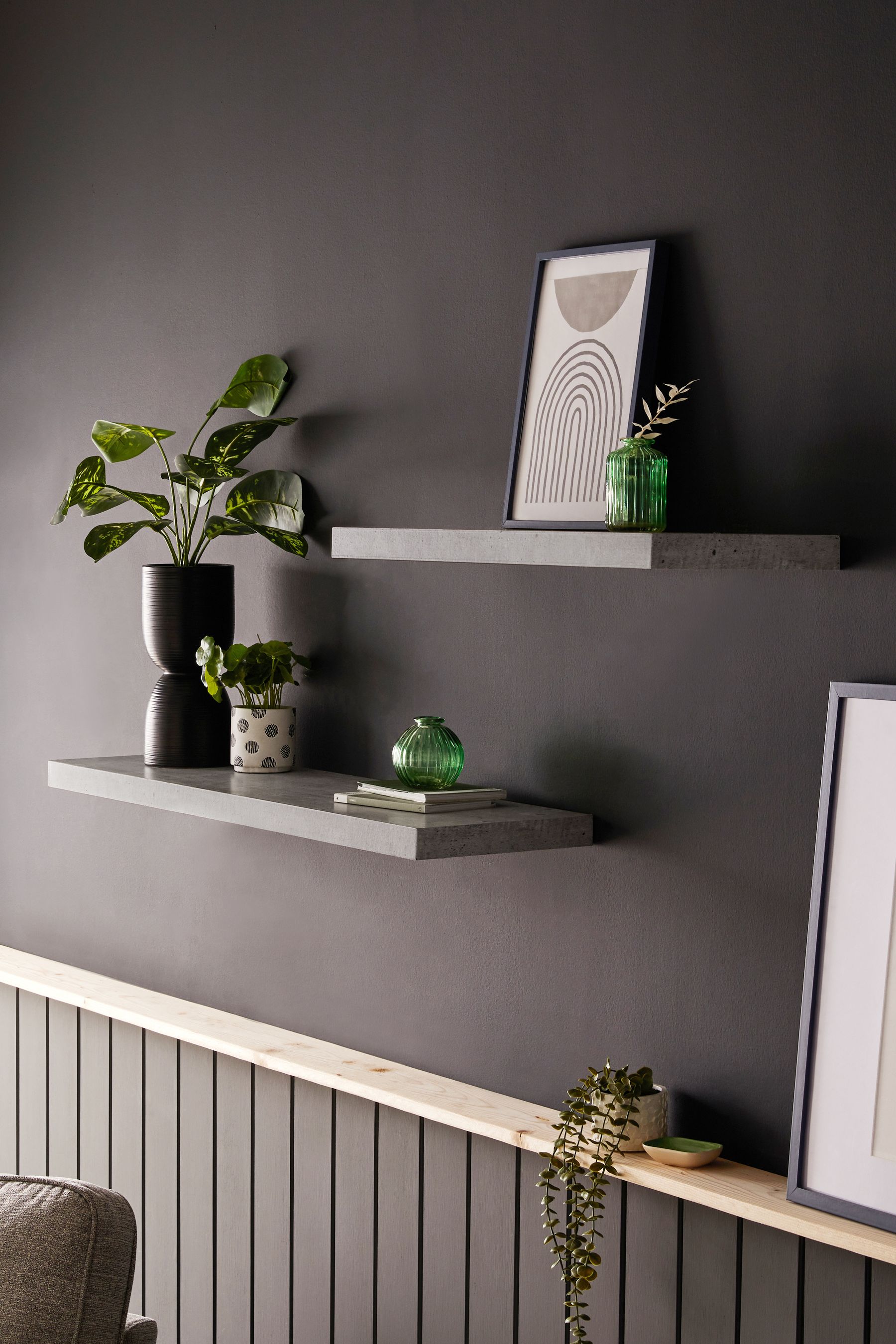 Grey floating store shelves