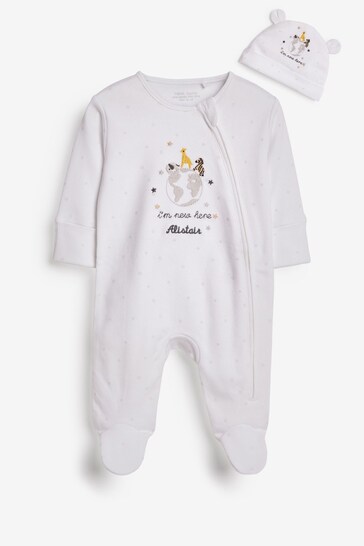 Personalised Baby White I'm New Here Sleepsuit And Kid Hat
