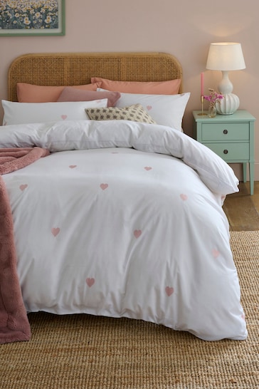 White With Pink Hearts Embroidered Duvet Cover and Pillowcase Set