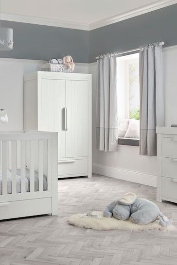 Mamas & Papas 3 Piece White Wash Franklin Cot Bed Range with Dresser and Wardrobe