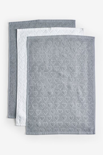 Set of 3 Grey Hearts Terry Tea Towels