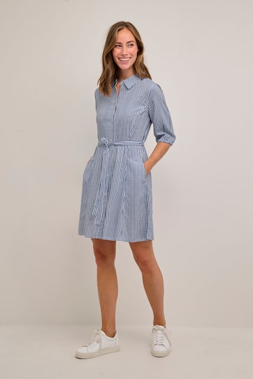 Cream Blue Vimma Short Sleeve Belted Shirt Dress