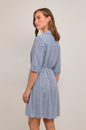 Cream Blue Vimma Short Sleeve Belted Shirt Dress