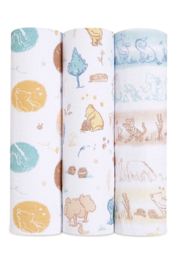 White Disney Baby Winnie In The Woods Large Cotton Muslin Blankets 3 Pack