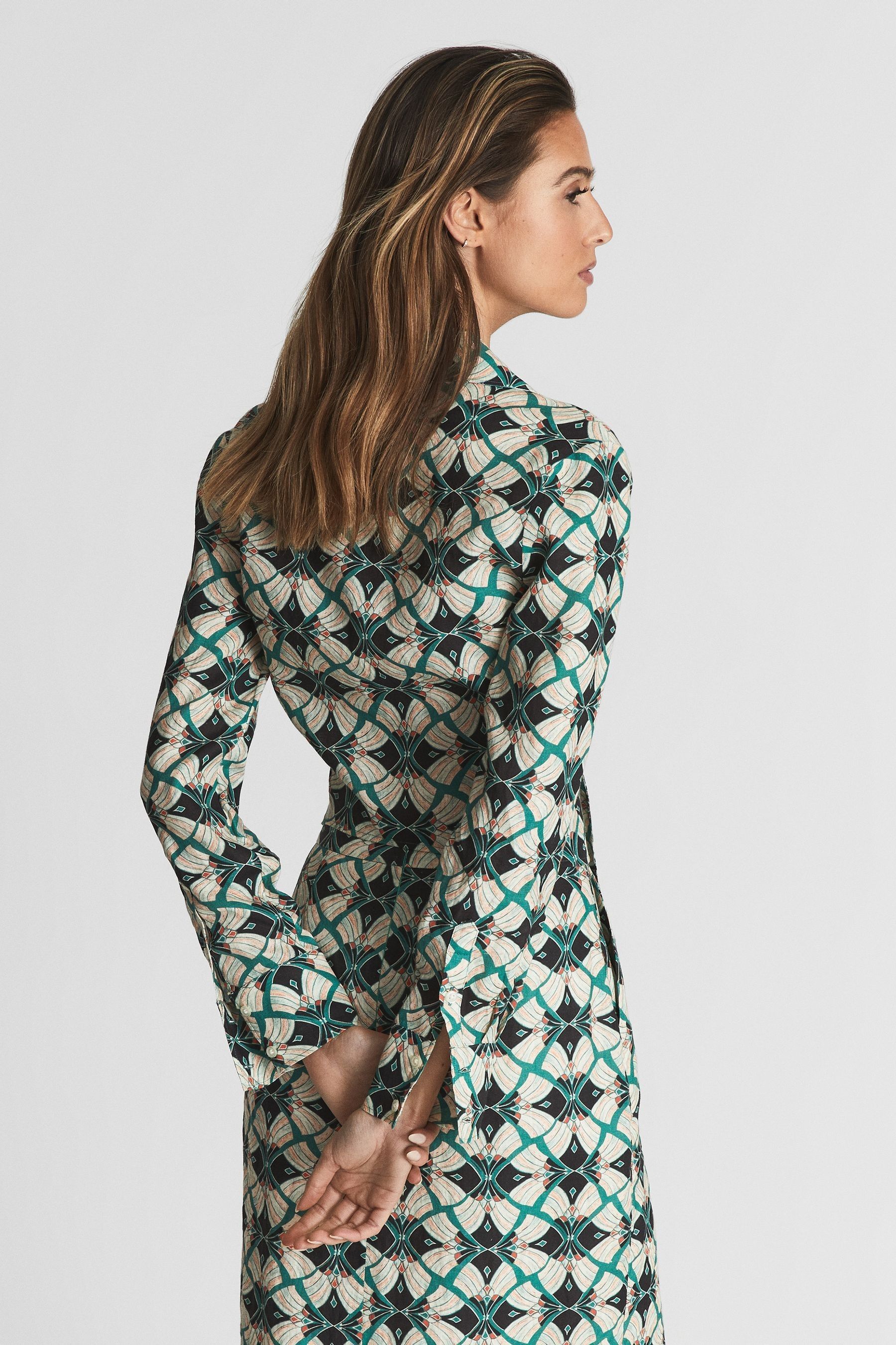 Reiss Green Corinne Print Linen Printed Tie Waist Shirt Blouse