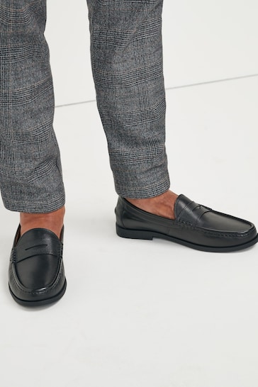 Black Leather Regular Fit Leather Penny Loafers