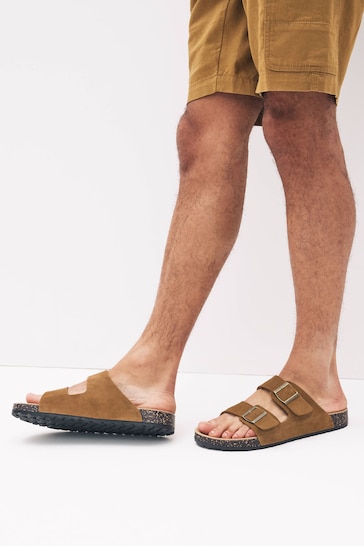 Tan Brown Leather Two Buckle Sandals