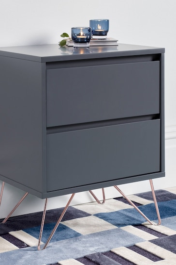 time4sleep Steel Grey With Pink Copper Feet Sofia 2 Drawer Bedside Table
