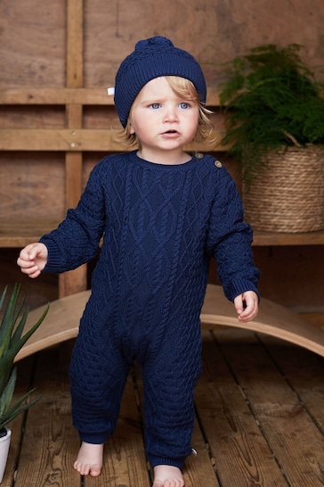 The Little Tailor Cable Knit Romper And Hat Baby Gift Set