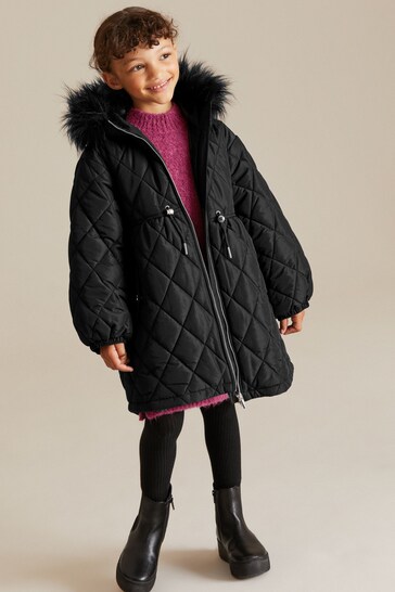 Black Faux Fur Hooded Quilted Padded Coat (3-16yrs)
