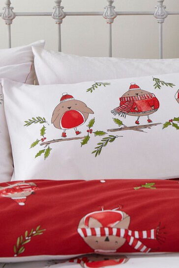 Catherine Lansfield Red Christmas Robins Duvet Cover and Pillowcase Set