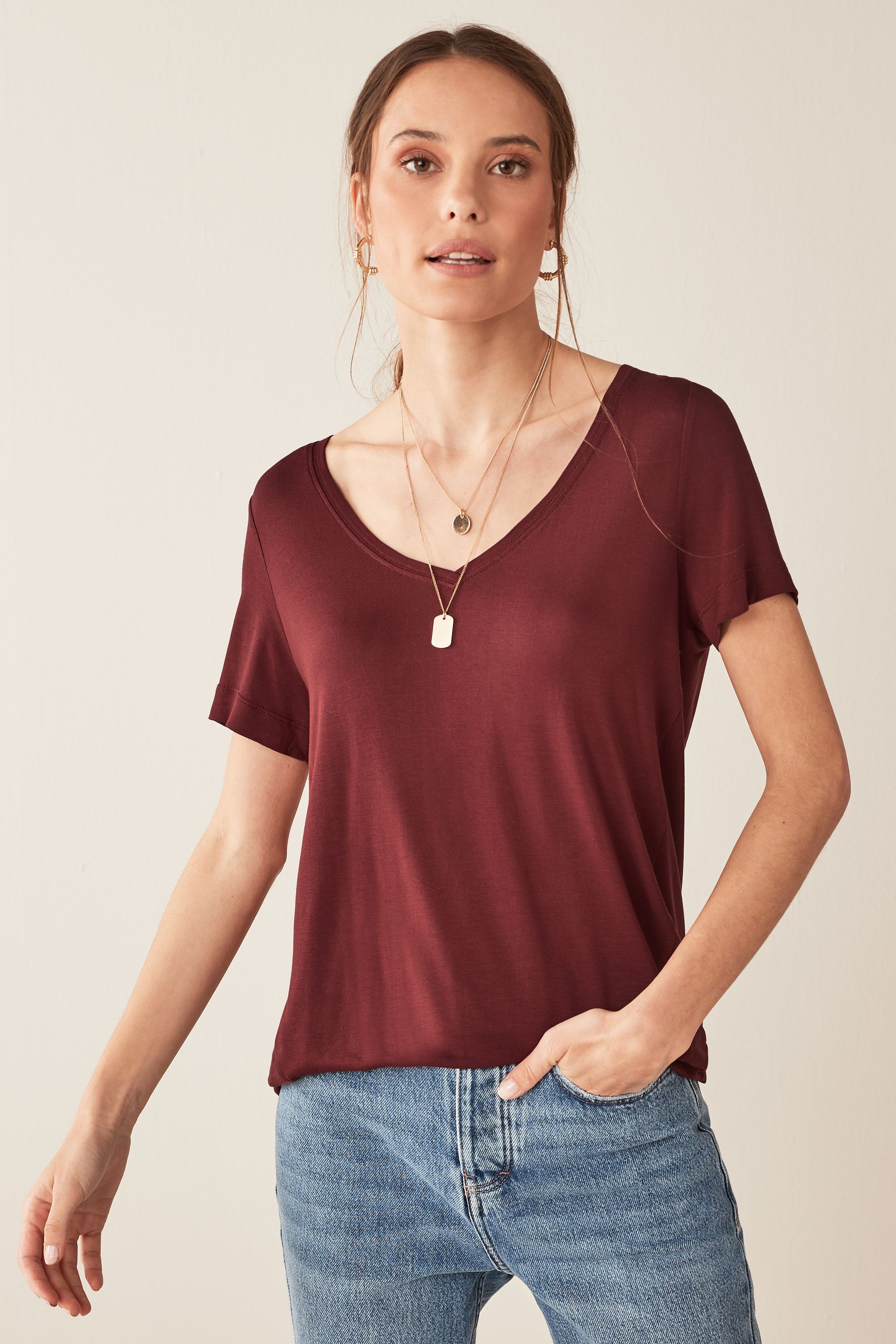 Burgundy Red Slouch V Neck T Shirt