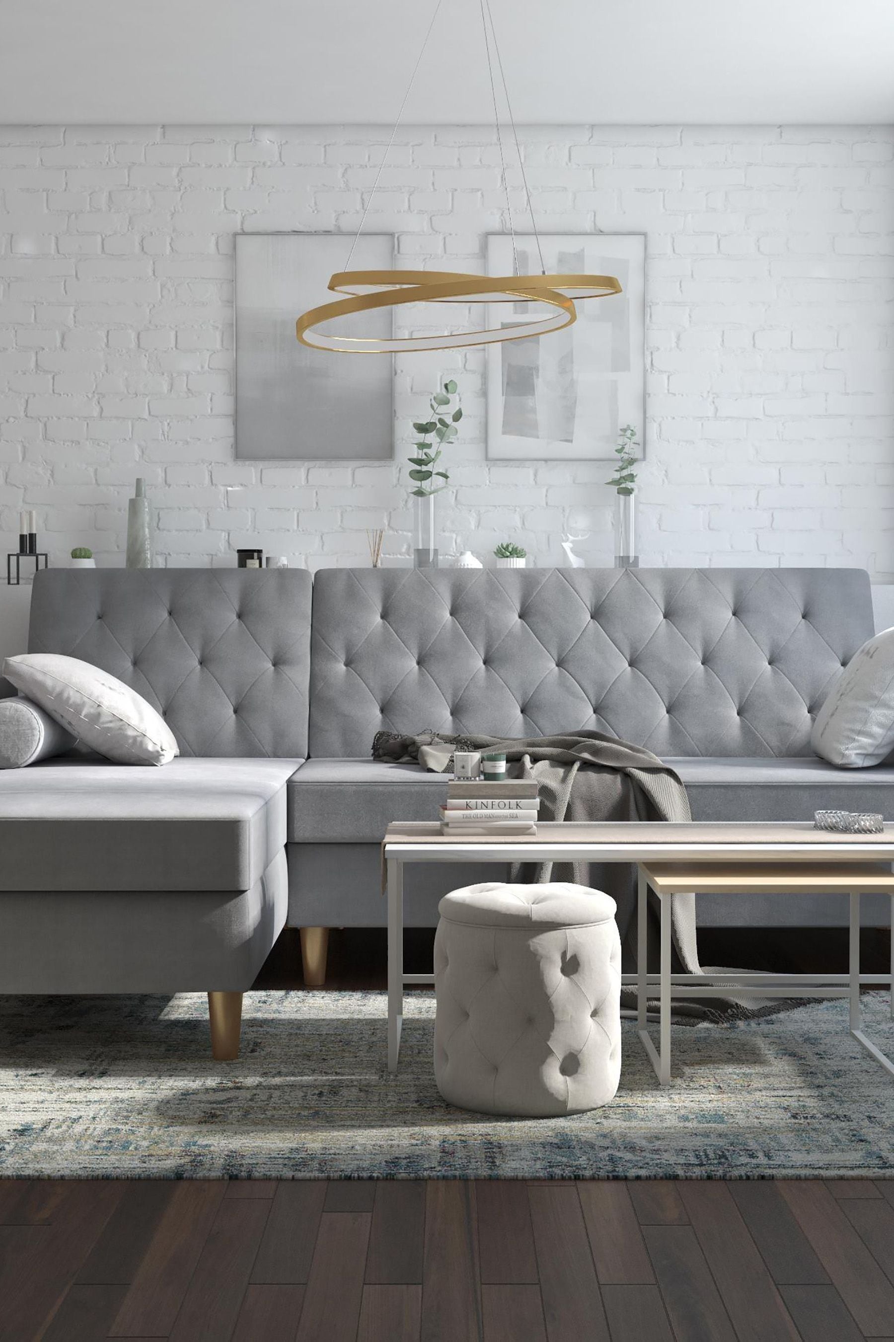 CosmoLiving Grey Liberty Velvet Sectional Sofa Bed
