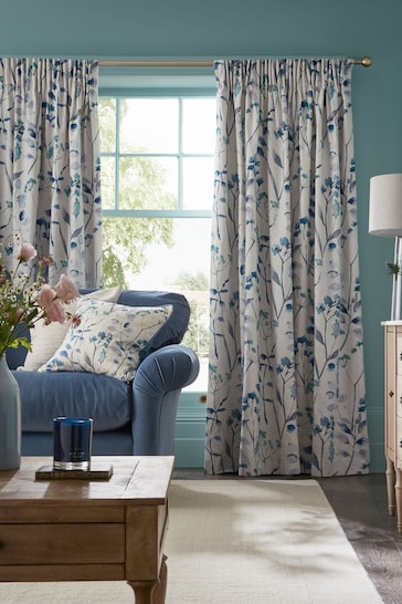 Blue Isla Floral Print Pencil Pleat Blackout/Thermal Curtains