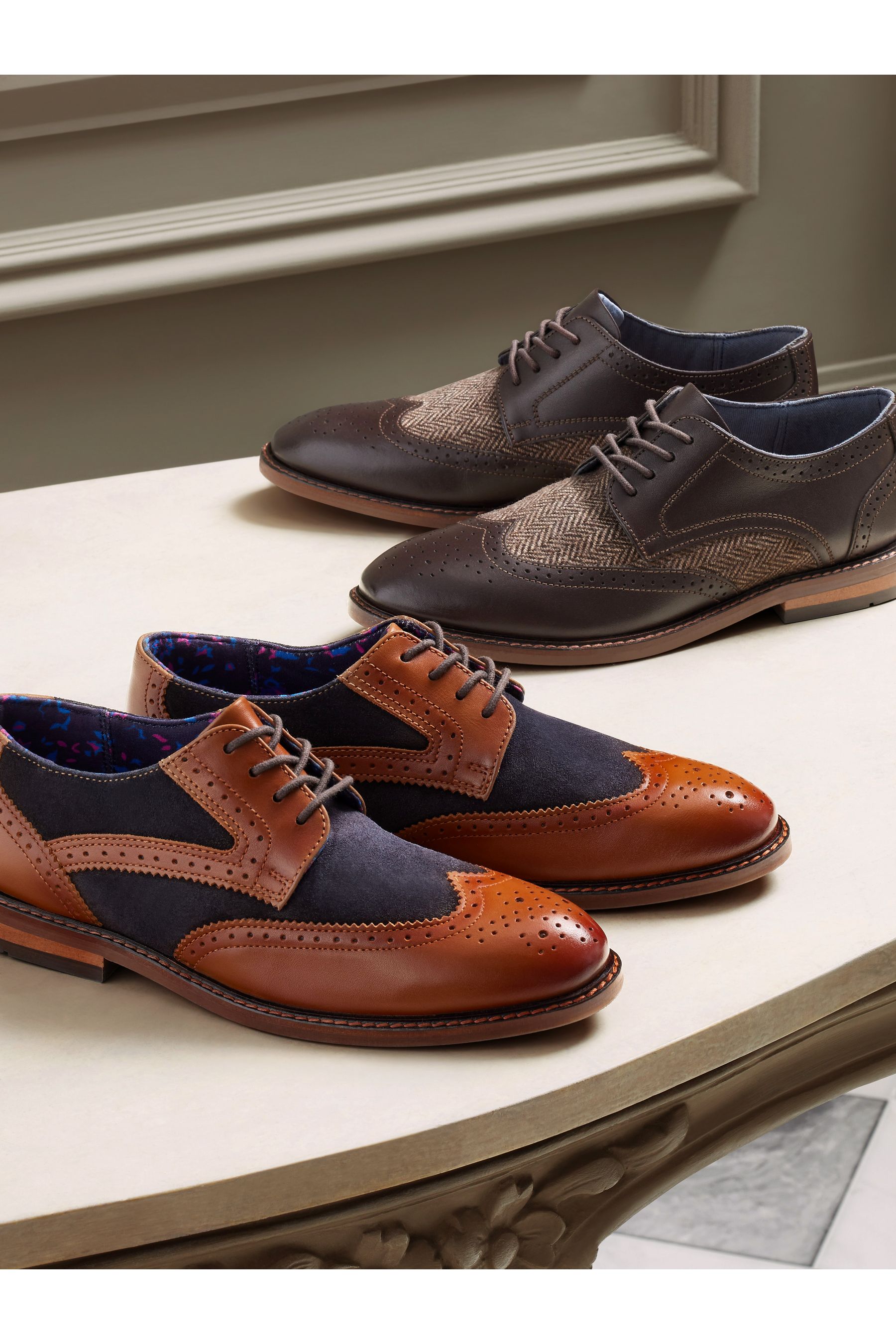 Tan Brown Navy Blue Standard Fit F Leather Brogues