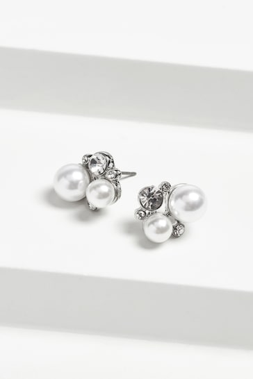 Silver Tone Bridal Pearl Effect Cluster Stud Earrings