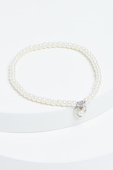 Sterling Silver Heart Charm Pearl Beaded Bracelet