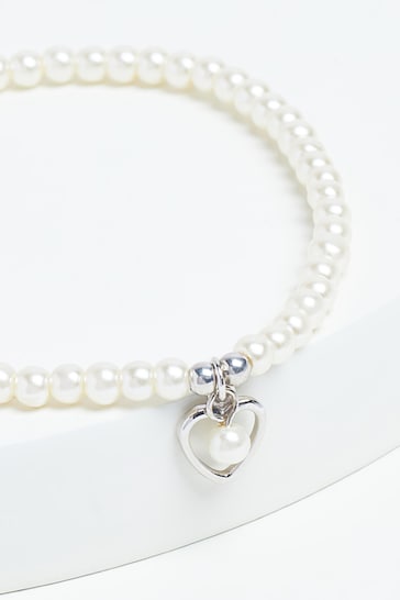 Sterling Silver Heart Charm Pearl Beaded Bracelet
