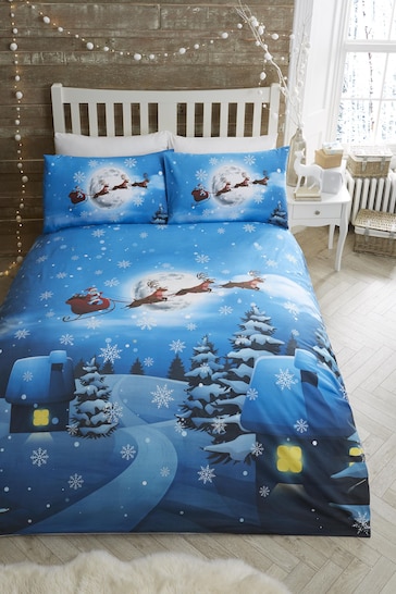 Bedlam Blue Santa Glow in the Dark Duvet Cover and Pillowcase Set