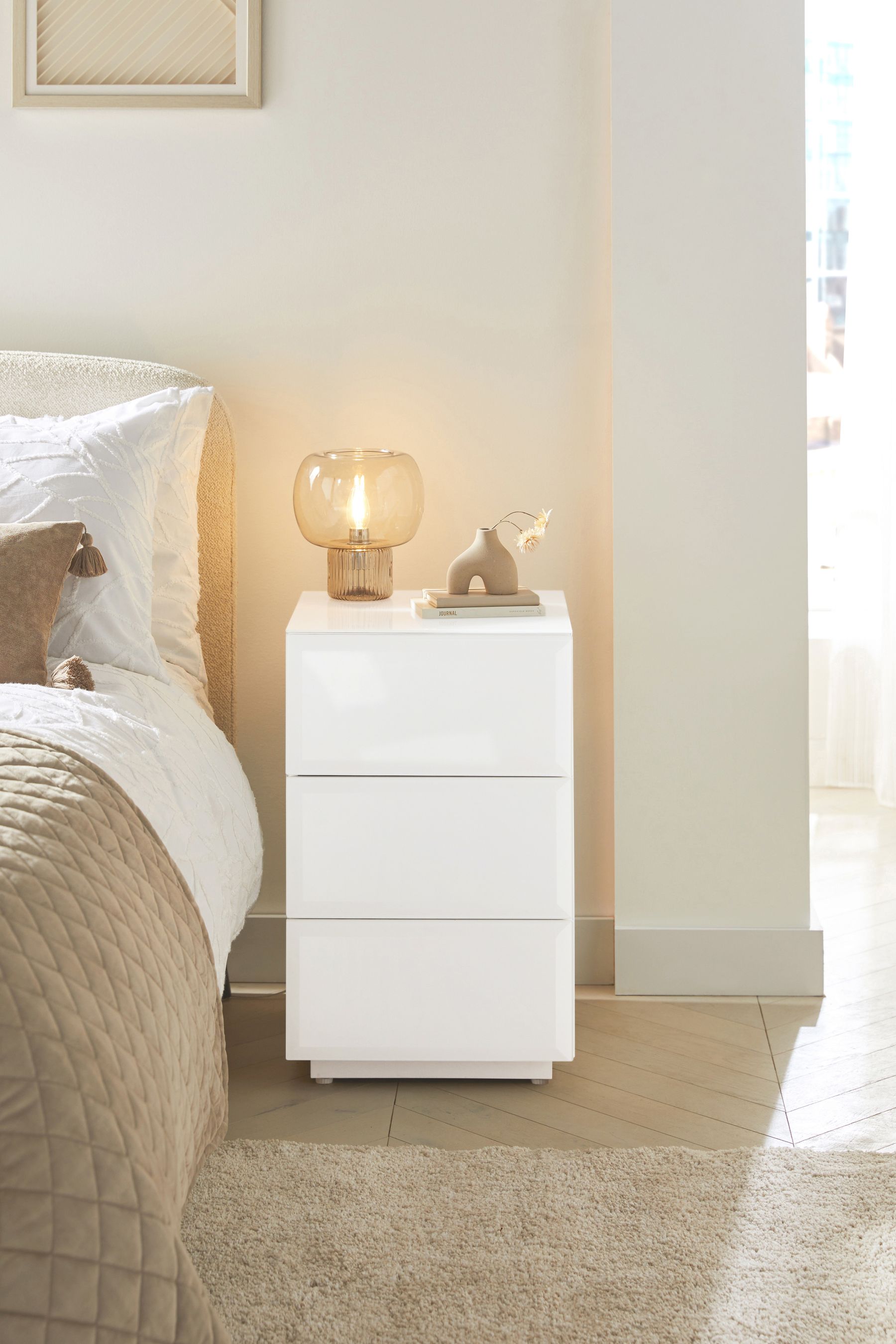 White Sloane Glass 3 Drawer Collection Luxe Chest of Drawers