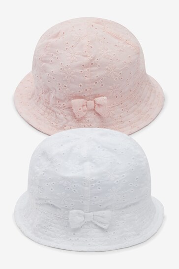 Pink Broderie 2 Pack Baby Summer Bucket Hats (0mths-2yrs)