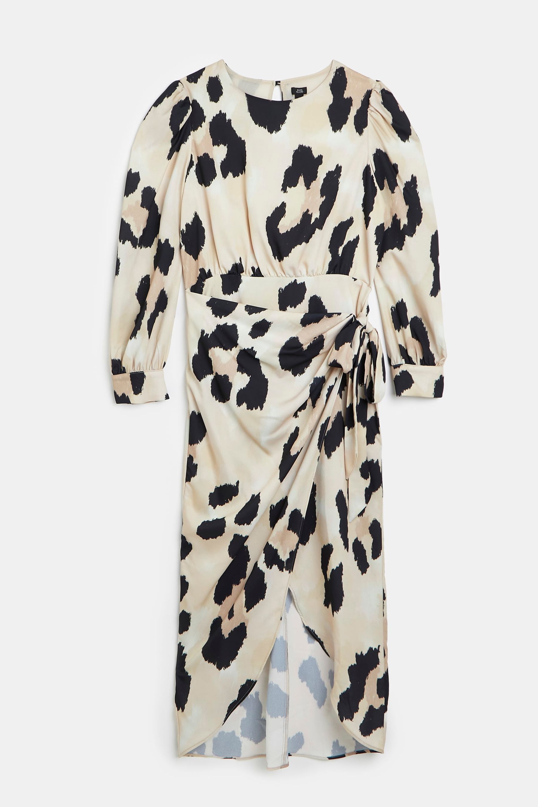 F&f neutral leopard border satin wrap midi dress new arrivals