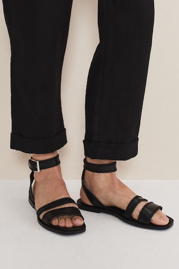 Phase Eight Leather Stitch Detail Flat Black Sandals