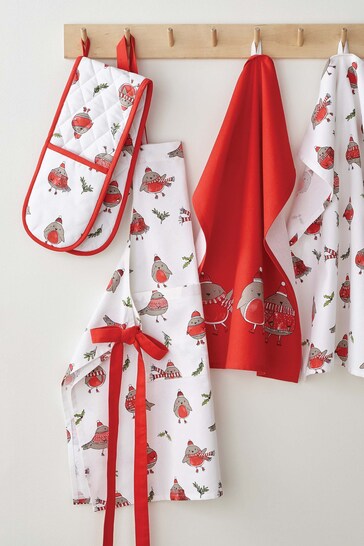 Catherine Lansfield Red Red Christmas Robins Double Oven Gloves