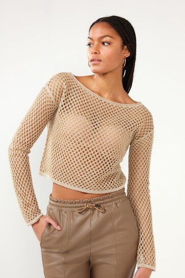 Champagne Gold Metallic Mesh Open Stitch Cropped Knitted Top