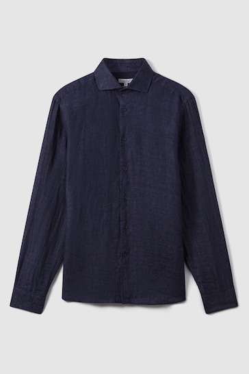 Reiss Navy Ruban Linen Button-Through Shirt
